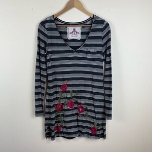 Johnny Was JWLA Striped Enbroidered V-Neck Tunic Dress